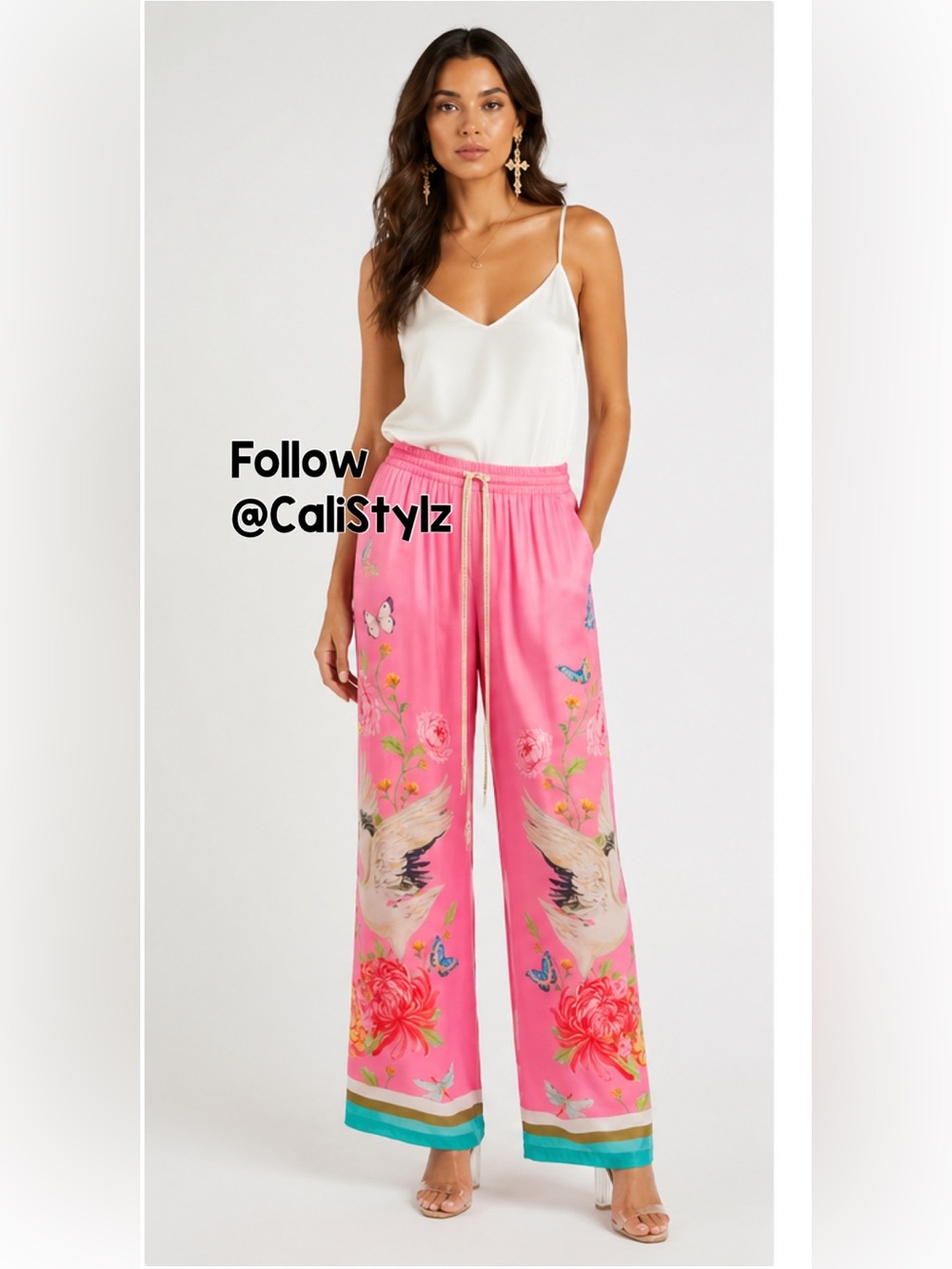 Wide Leg Pink Floral & Crane Print Satin Pants